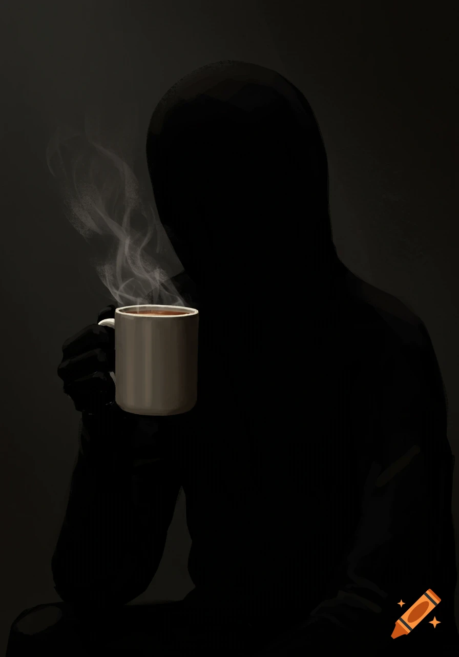 A dark silhouette of a person in black clothing holding a steaming cup of coffee.