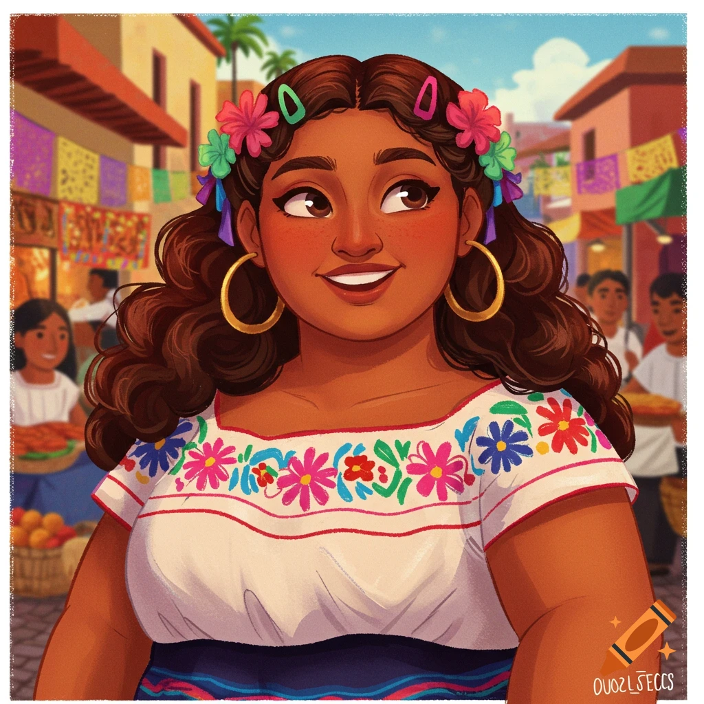 Illustration of a woman in traditional embroidered clothing with flowers in her hair at a market.