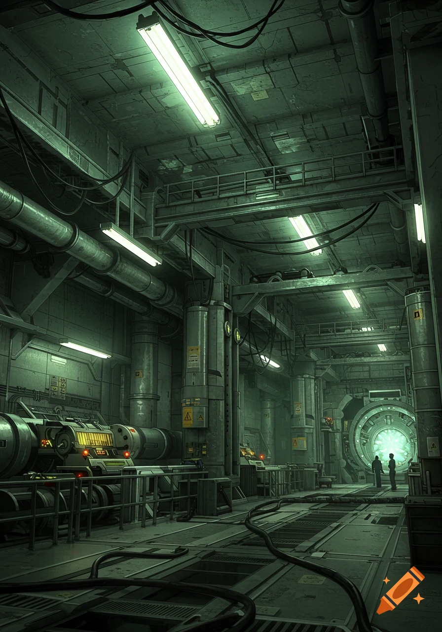 Industrial underground facility with pipes, machinery, and a glowing portal with two figures.