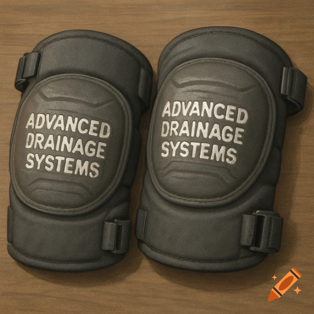 A pair of grey knee pads with 'ADVANCED DRAINAGE SYSTEMS' text on a wooden surface.