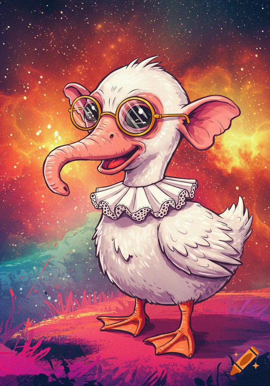 An illustration of a strange duck-like creature with an elephant trunk nose, ears, glasses, and a ruffled collar, standing against a starry space background.