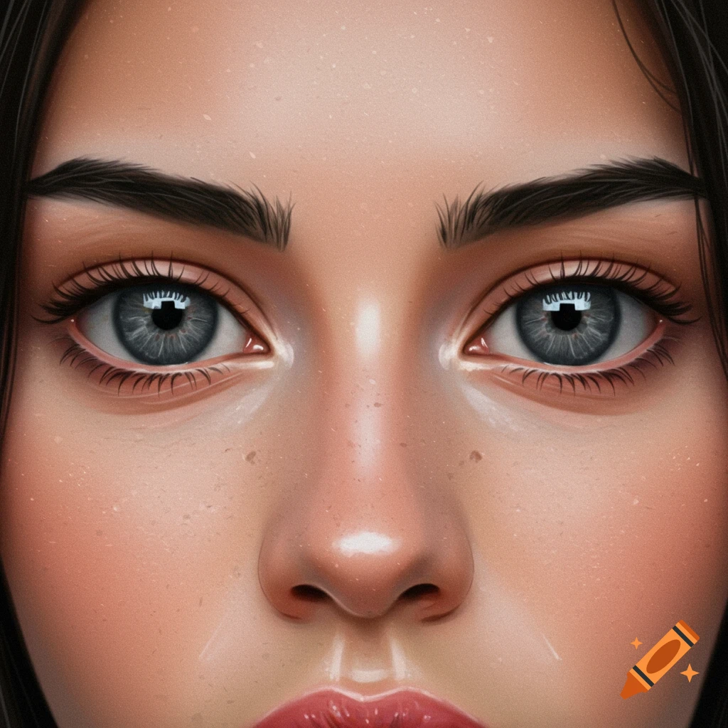 Close-up digital portrait of a woman's face focusing on striking grey eyes