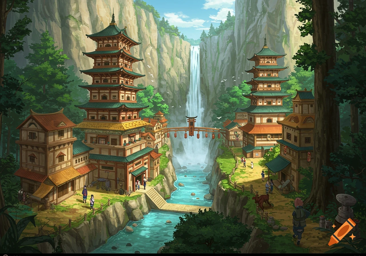 An anime-style fantasy village nestled in a valley with pagodas, river, and waterfall.