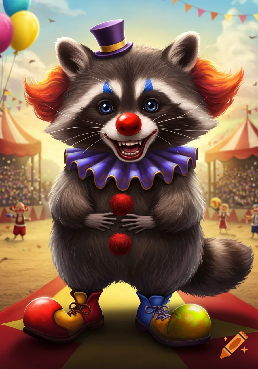 A cartoon raccoon dressed as a clown stands in a circus tent.