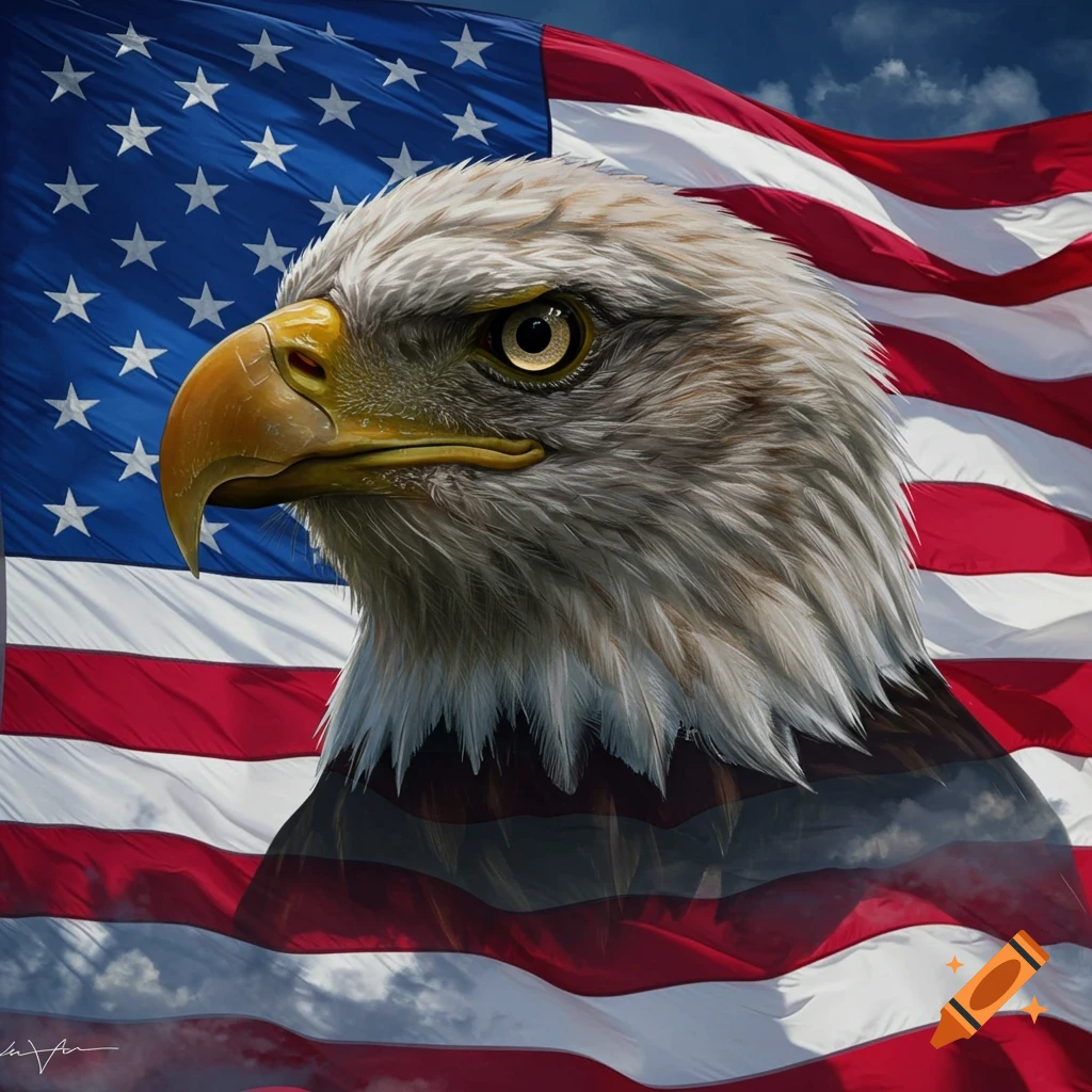 Head of a bald eagle superimposed on a waving American flag.