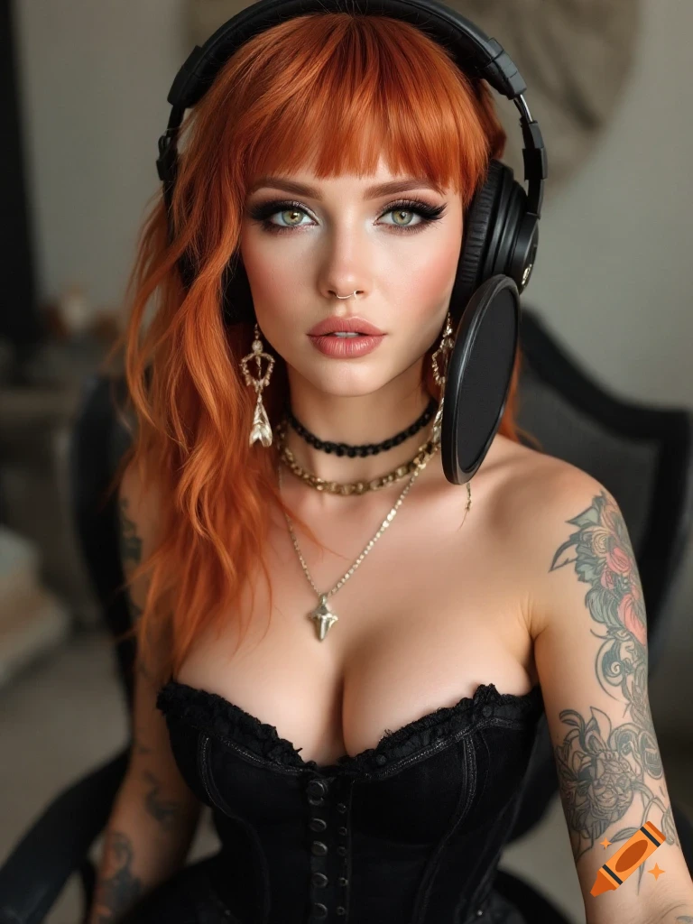Photorealistic portrait of a woman with orange hair and tattoos wearing headphones and a black corset.