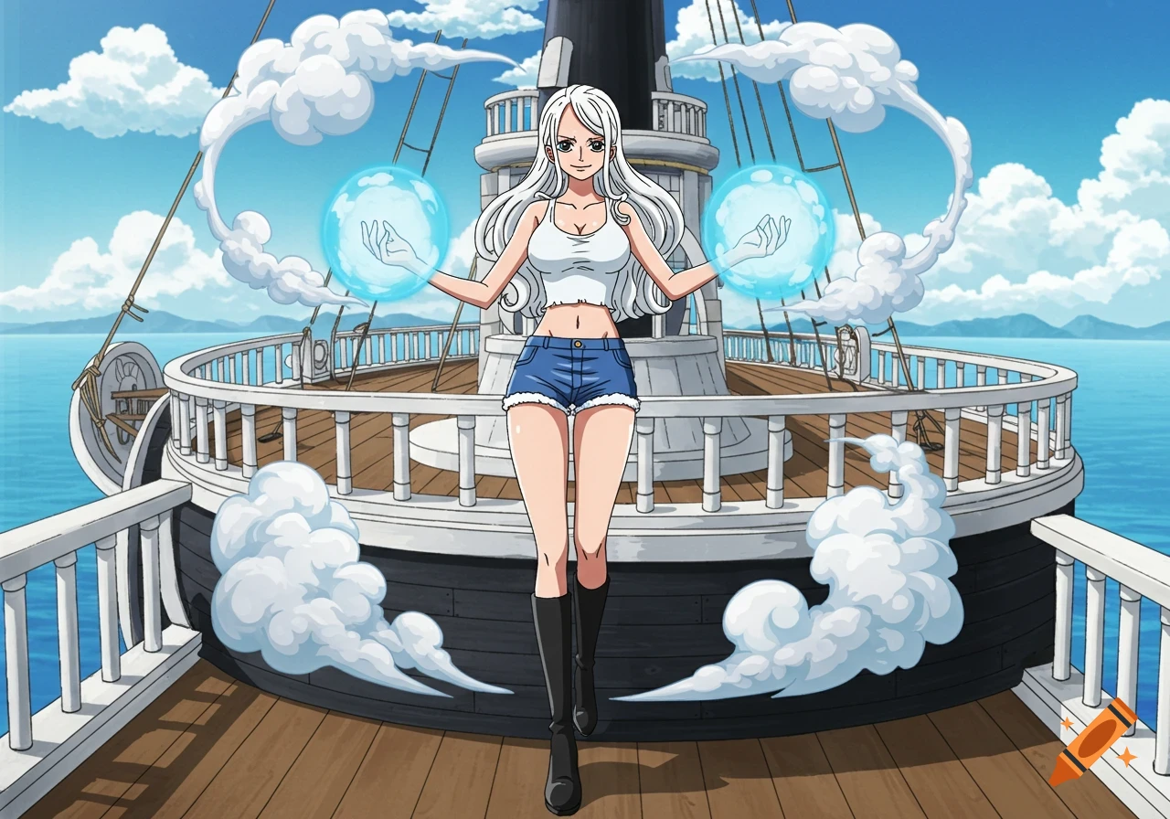 Anime character with white hair on a ship holding blue spheres.