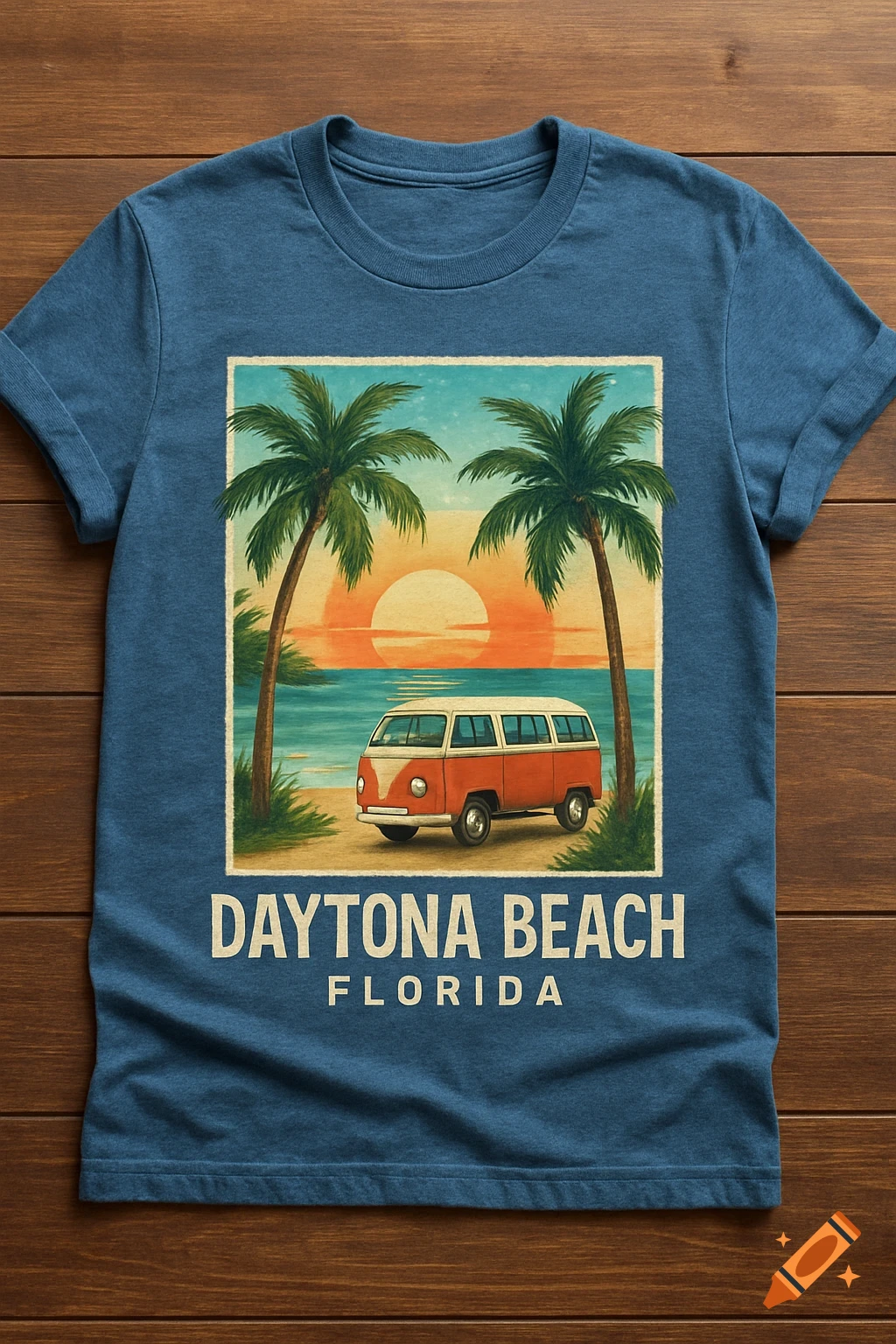 Blue t-shirt with a vintage style beach graphic featuring a van, palm trees, and a sunset, and text 'DAYTONA BEACH FLORIDA'.