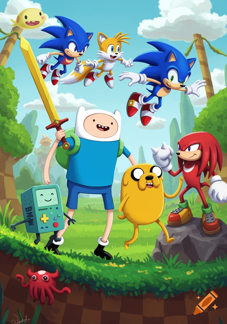 Cartoon crossover illustration of Finn, Jake, and BMO from Adventure Time and Sonic, Tails, and Knuckles from Sonic the Hedgehog in a grassy field.