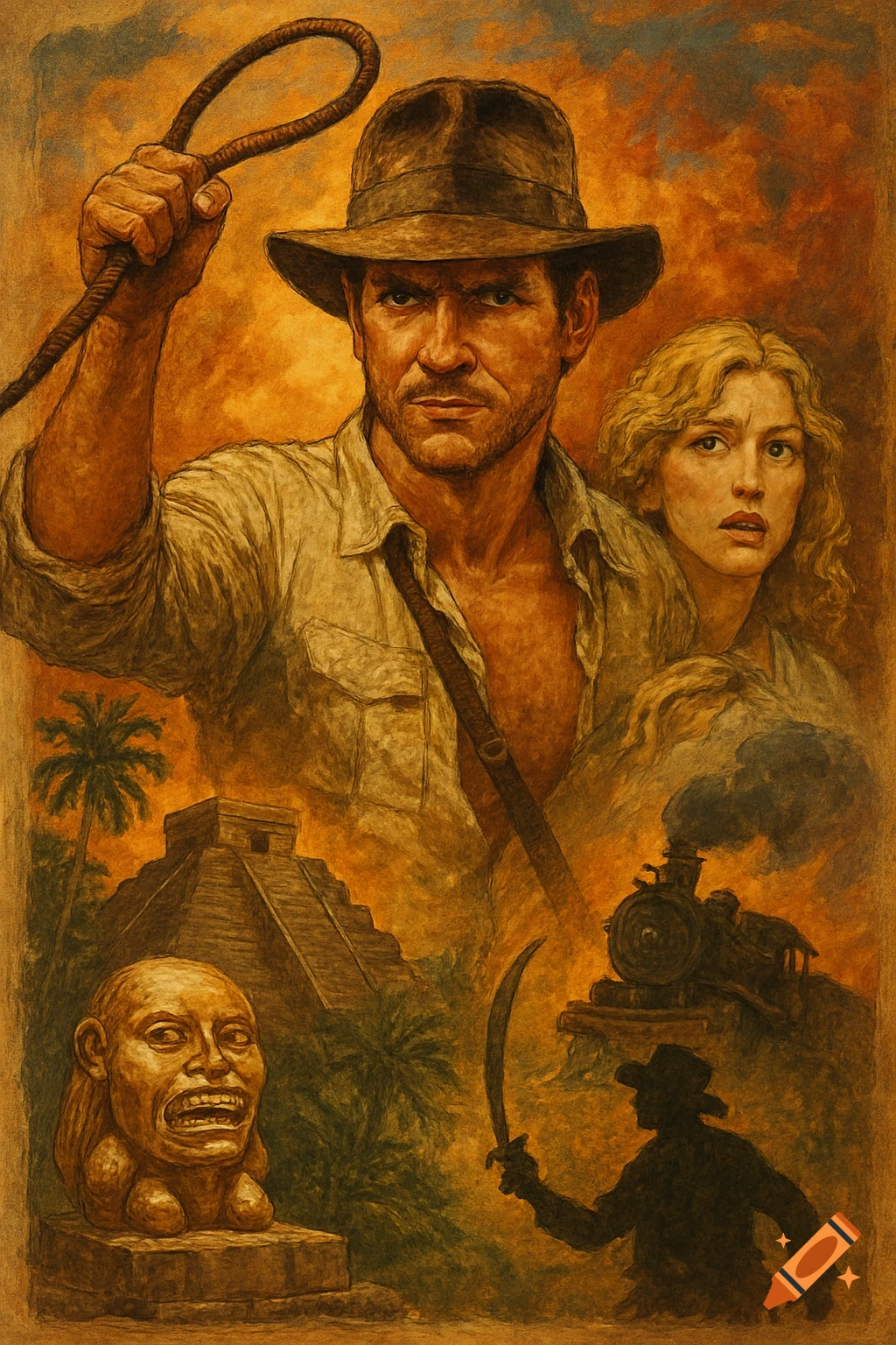 Collage poster in painterly style featuring an adventurer with a whip, woman, pyramid, idol, train, and figure with sword.