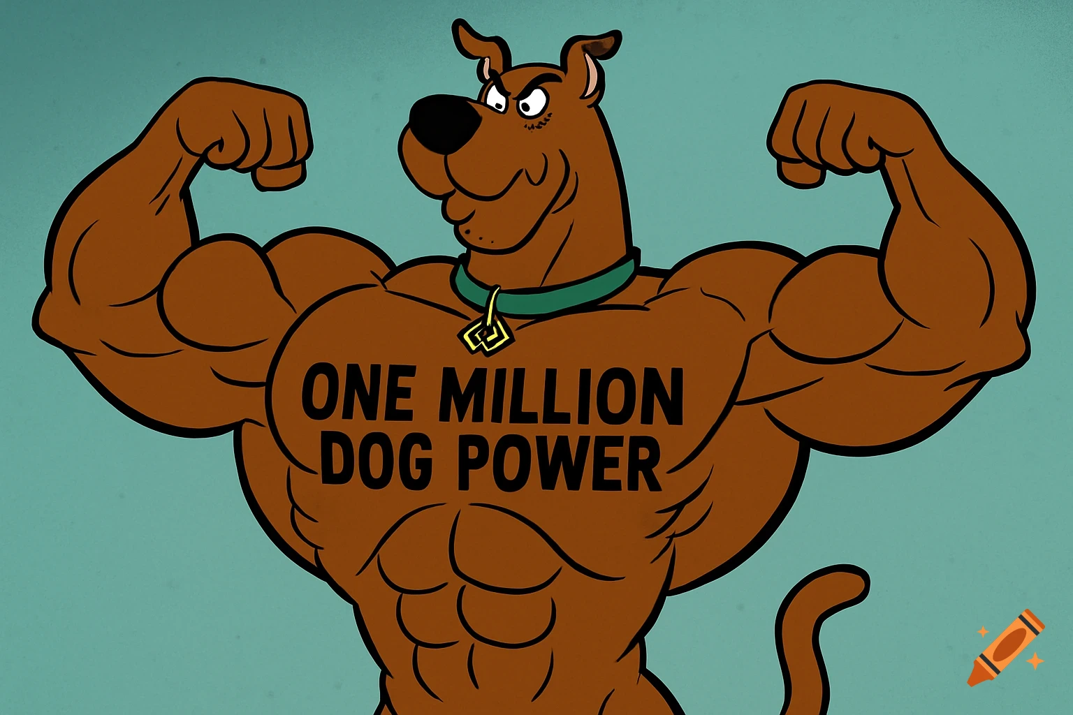 Muscular Scooby Doo flexing his biceps with 'ONE MILLION DOG POWER' on his chest, in 2D animation style.
