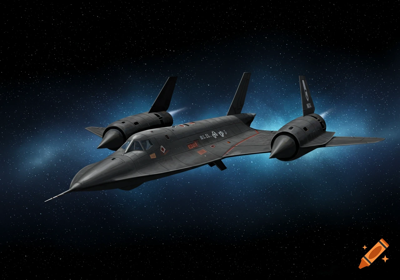 A black stealth aircraft similar to an SR-71 flying through space with stars and a blue nebula background.