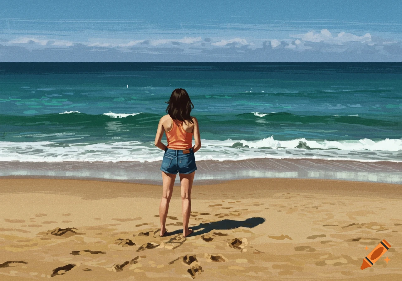 Illustration of a person standing on a beach, looking out at the ocean waves under a blue sky.