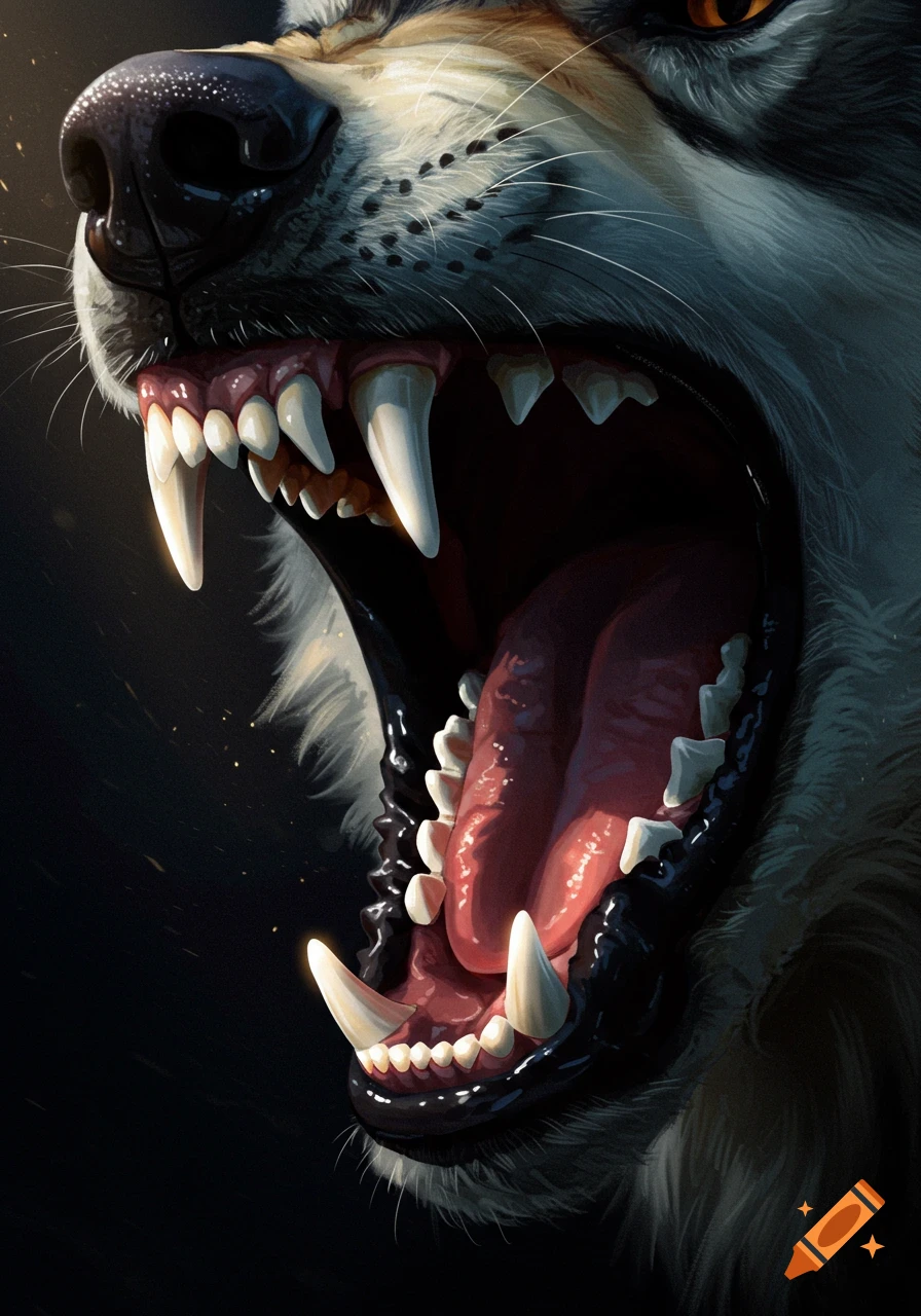 Close-up of a wolf's head with its mouth open, showing large fangs and tongue in a growl