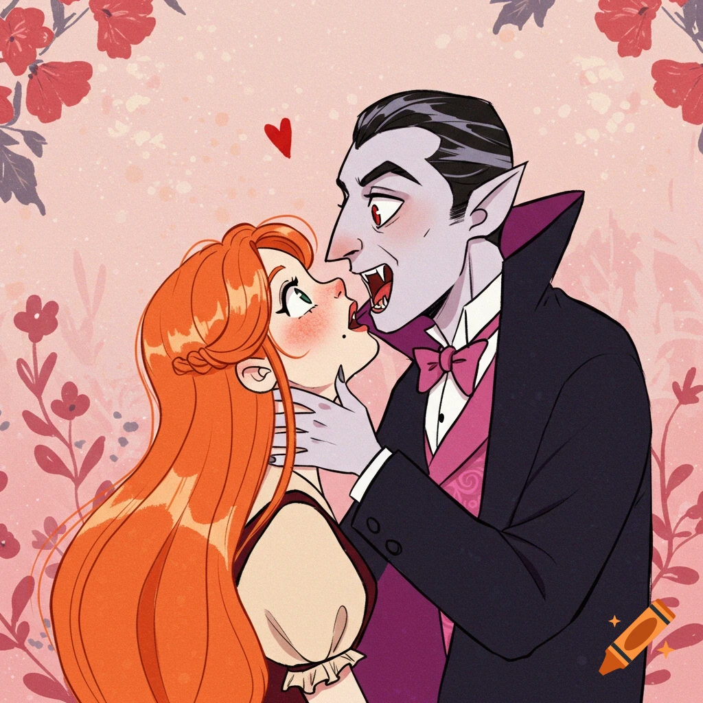 Cartoon illustration of a vampire leaning in to bite a woman's neck, with flowers.