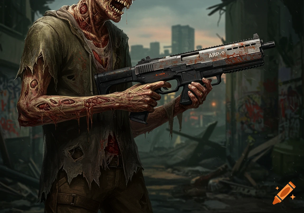 Detailed illustration of a zombie holding a rifle in a ruined city.