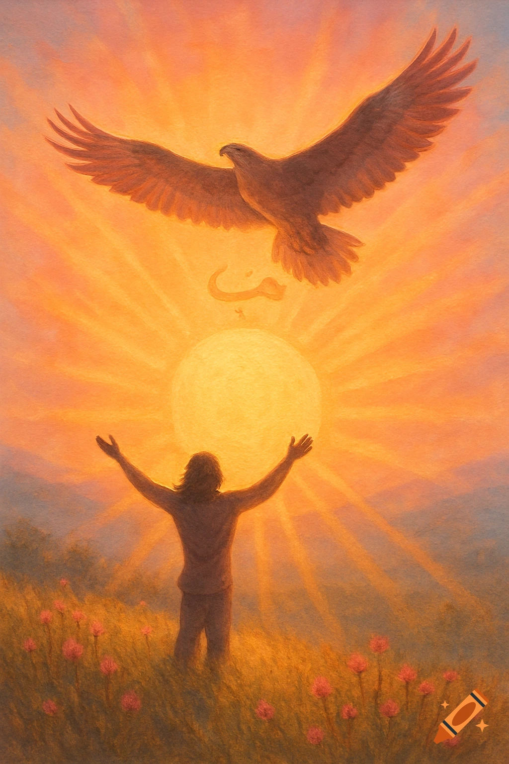 A person with raised arms in a field of flowers looks up at an eagle flying above a bright sun, painted style.