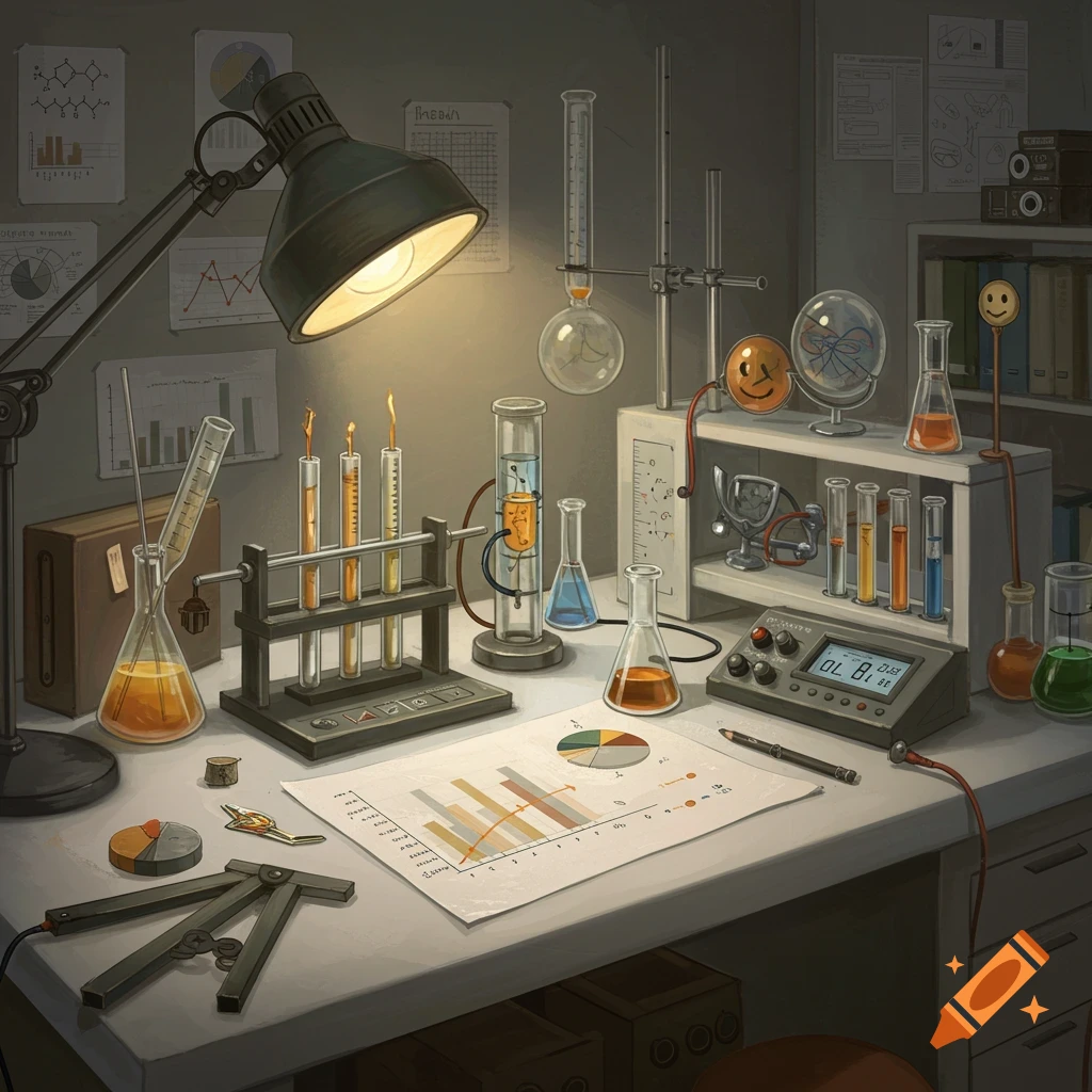 Detailed illustration of a laboratory desk with beakers, test tubes, charts, and equipment.