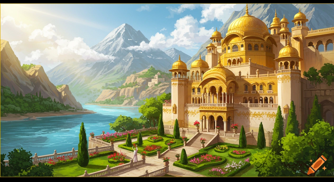 A golden palace stands by a river and mountains, with ornate gardens and a small figure.