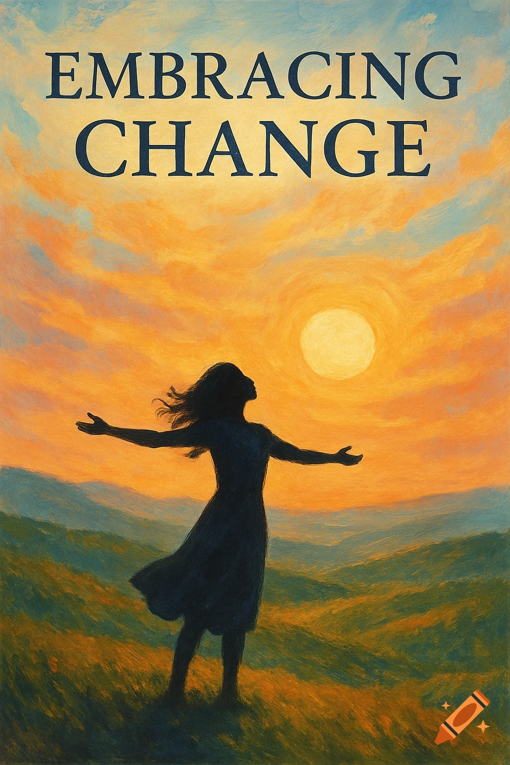 A silhouette of a person with outstretched arms facing a vibrant sunset over a hilly landscape. The text "EMBRACING CHANGE" is above them. Painted style.