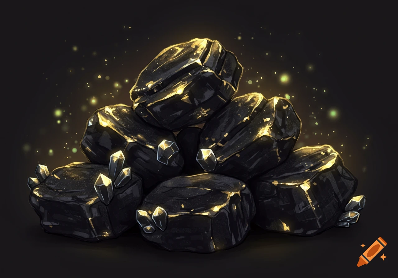 Pile of dark, stylized rocks with glowing gold cracks and crystals on a dark background.