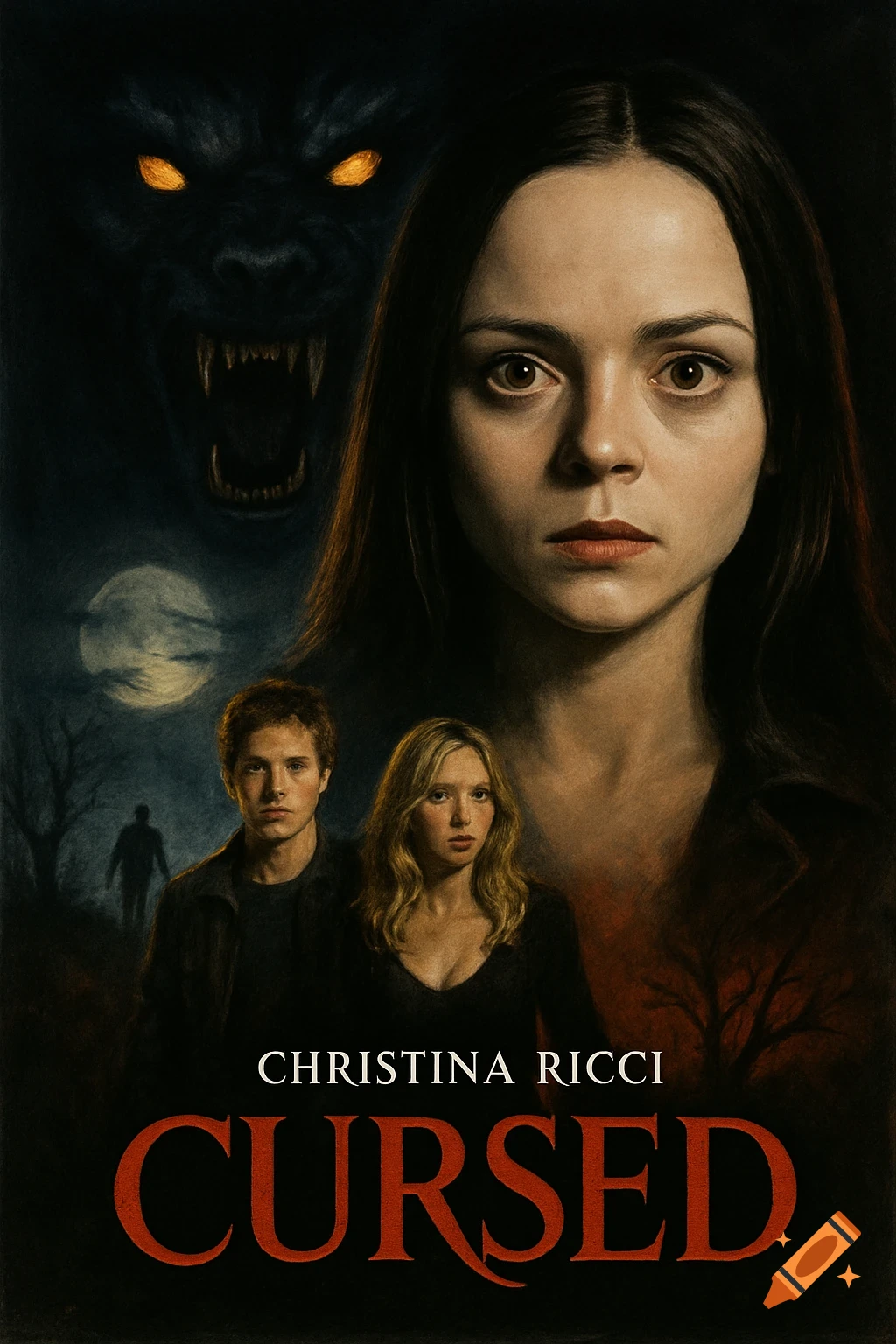 Movie poster for Cursed featuring Christina Ricci, a werewolf, and a couple in a moonlit horror scene