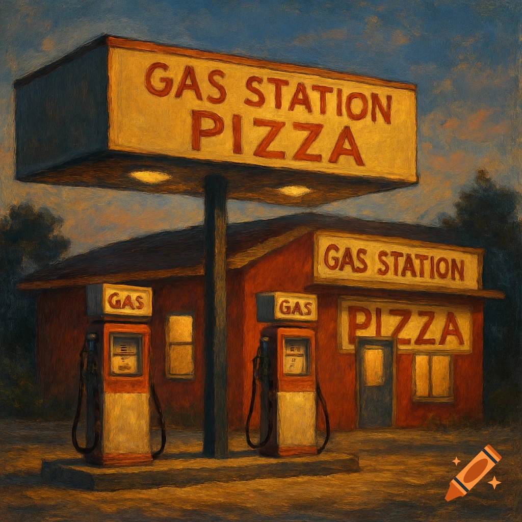 Painting of a gas station and pizza place with signs, gas pumps, under a cloudy sky.