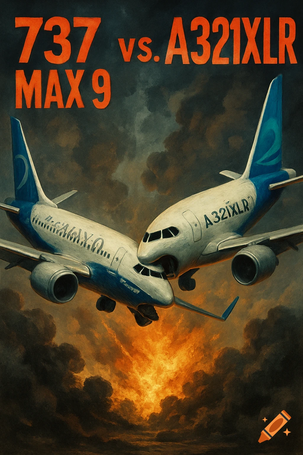 Movie poster style image of two passenger airplanes, labeled 737 MAX 9 and A321XLR, flying aggressively towards each other amidst dark clouds and an explosion.