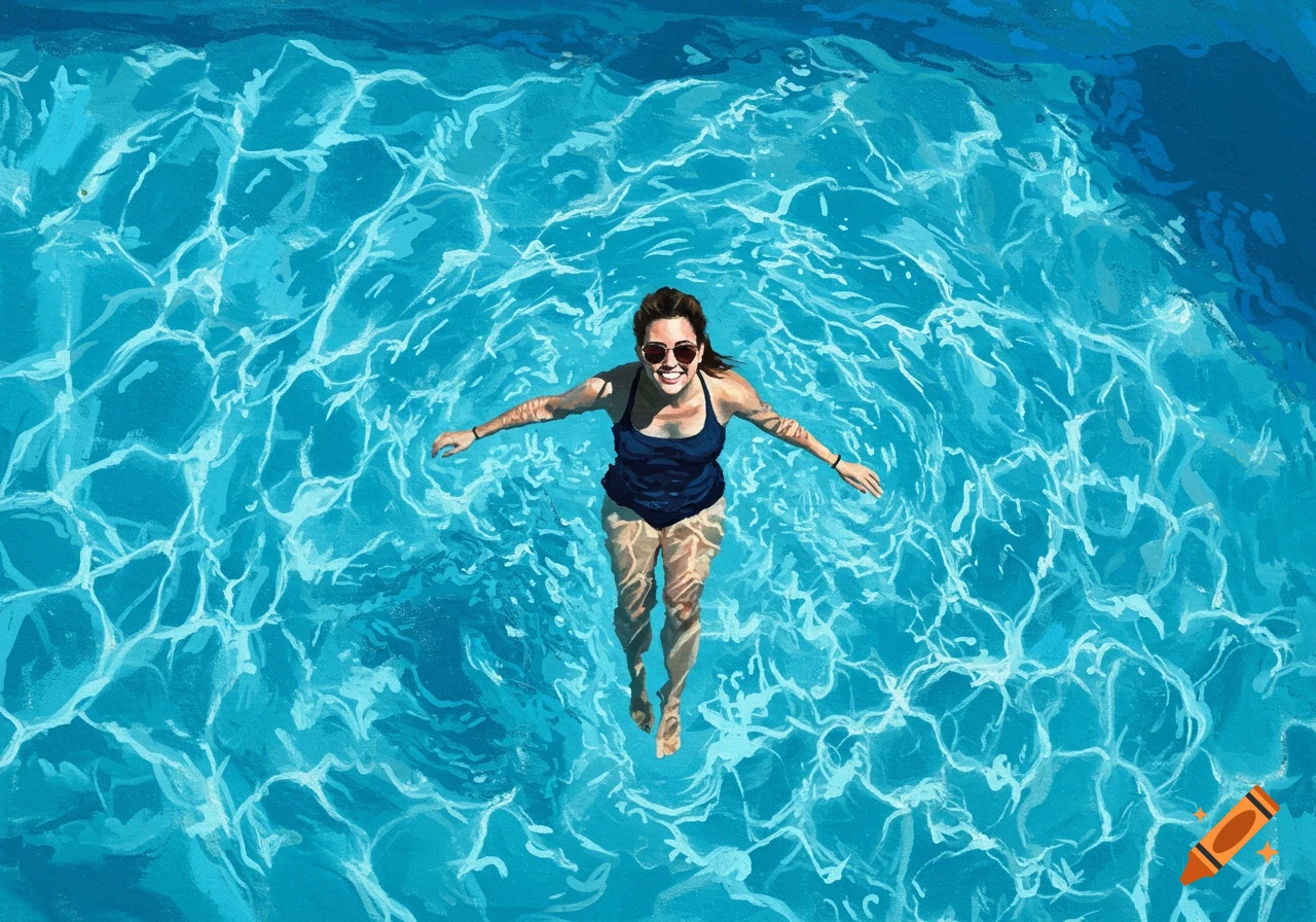 An overhead view of a person swimming in a blue pool with light reflecting on the water.