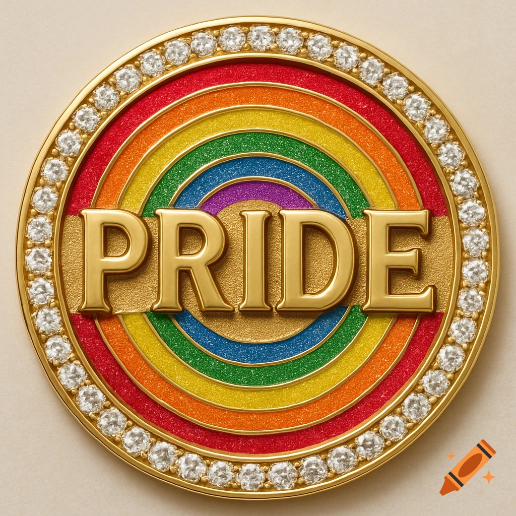 A round gold emblem encrusted with diamonds, featuring a rainbow circle with the word PRIDE in the center.