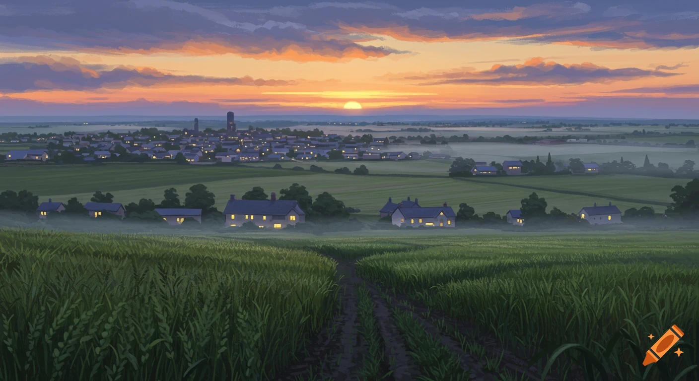 A twilight landscape with fields leading to a small town in the distance.