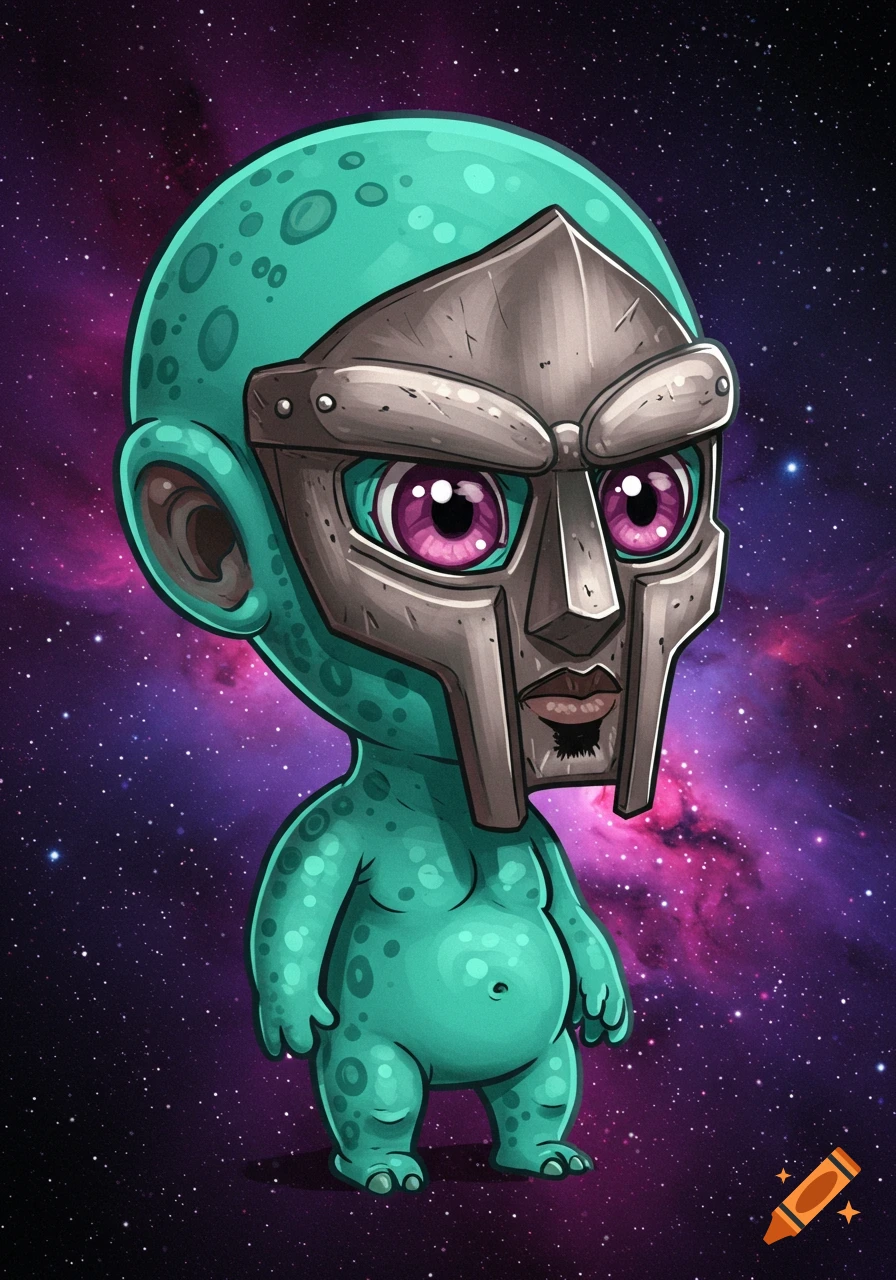 Illustration of a small turquoise alien wearing a metal mask with a space background.