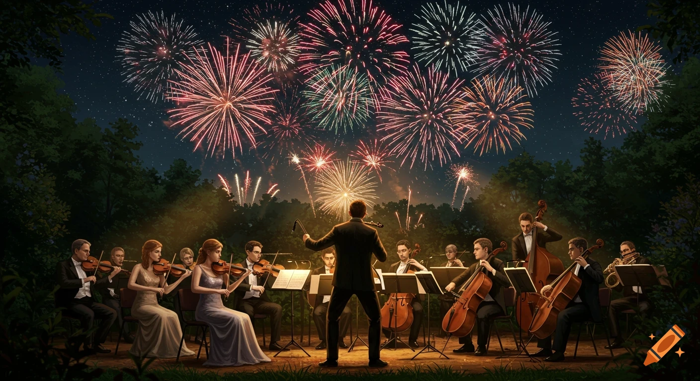 A symphony orchestra plays outdoors at night under a display of fireworks.
