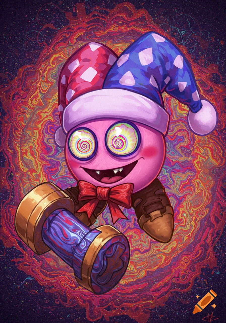Marx from Kirby with swirly eyes and a red bow tie holds a staff against a colorful psychedelic background.