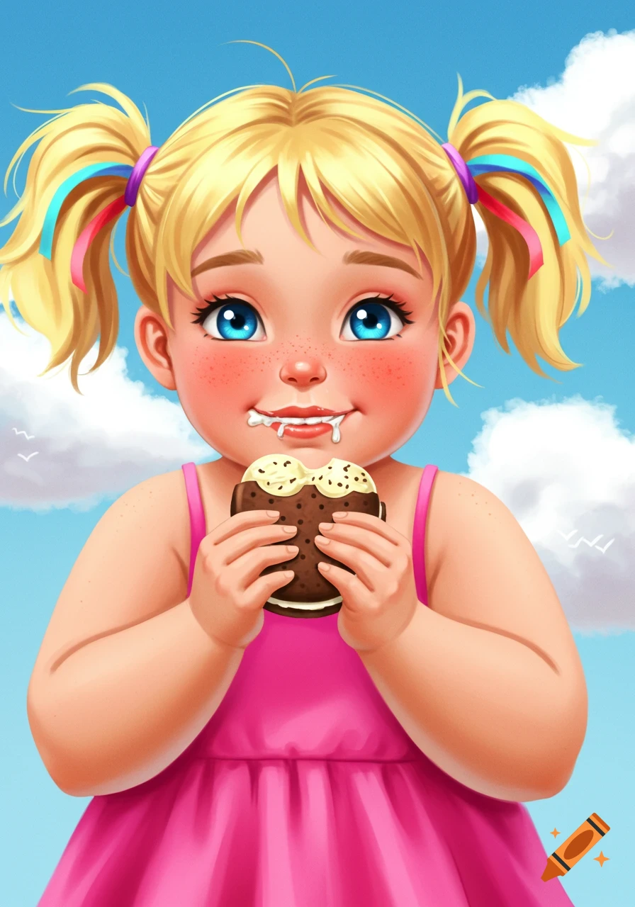 Illustration of a blonde girl with pigtails eating an ice cream sandwich.