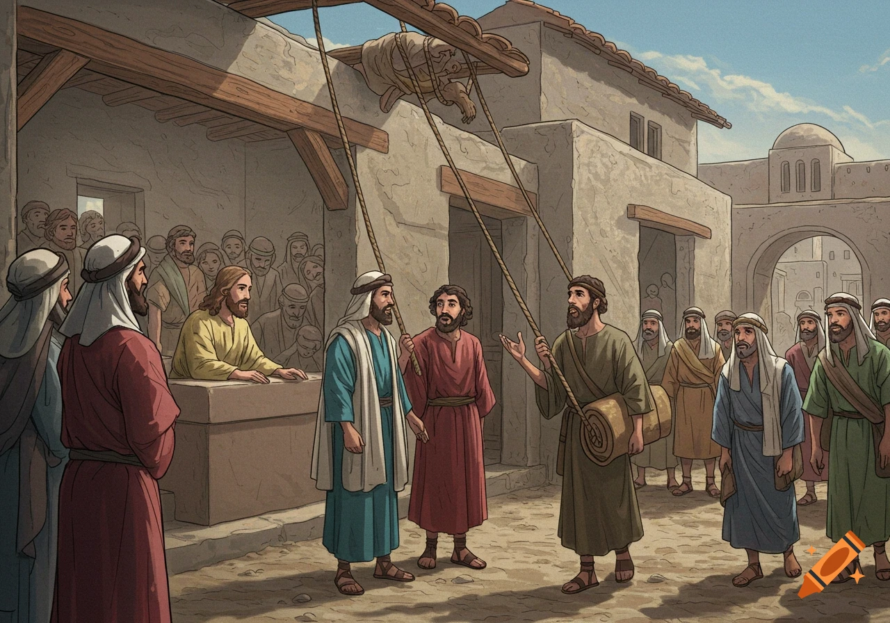 Illustration of men lowering a paralytic through a roof to Jesus.