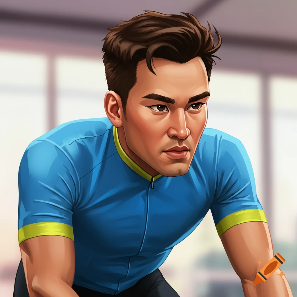 Cartoon headshot of an Asian man cycling indoors