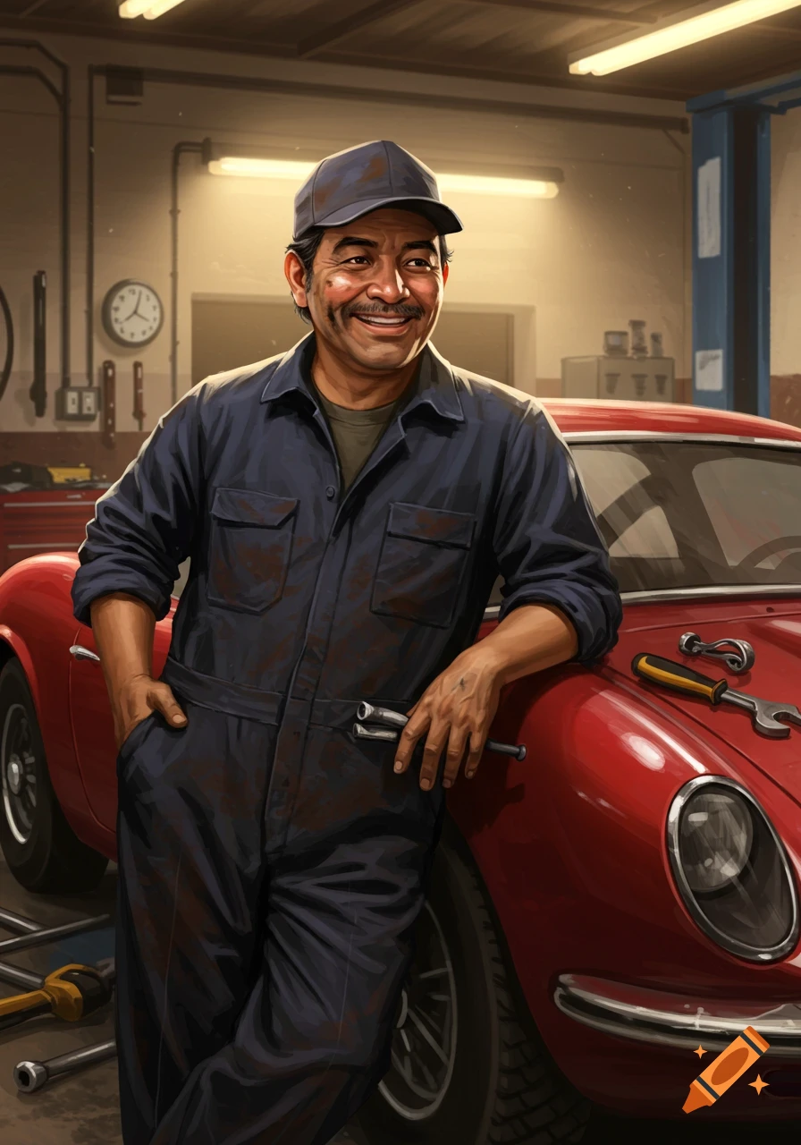 A smiling mechanic in a dark blue jumpsuit leans on a red sports car in a garage.