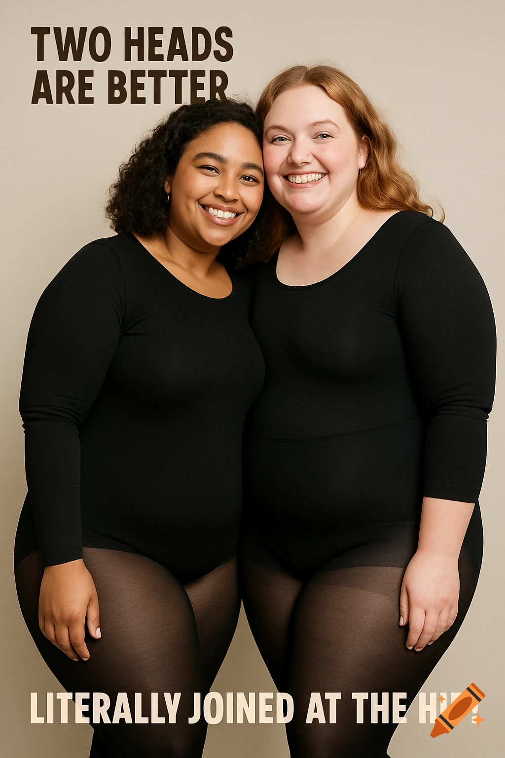 Two women in black bodysuits and tights pose creating an optical illusion. Text reads "Two heads are better" and "Literally joined at the hip!"
