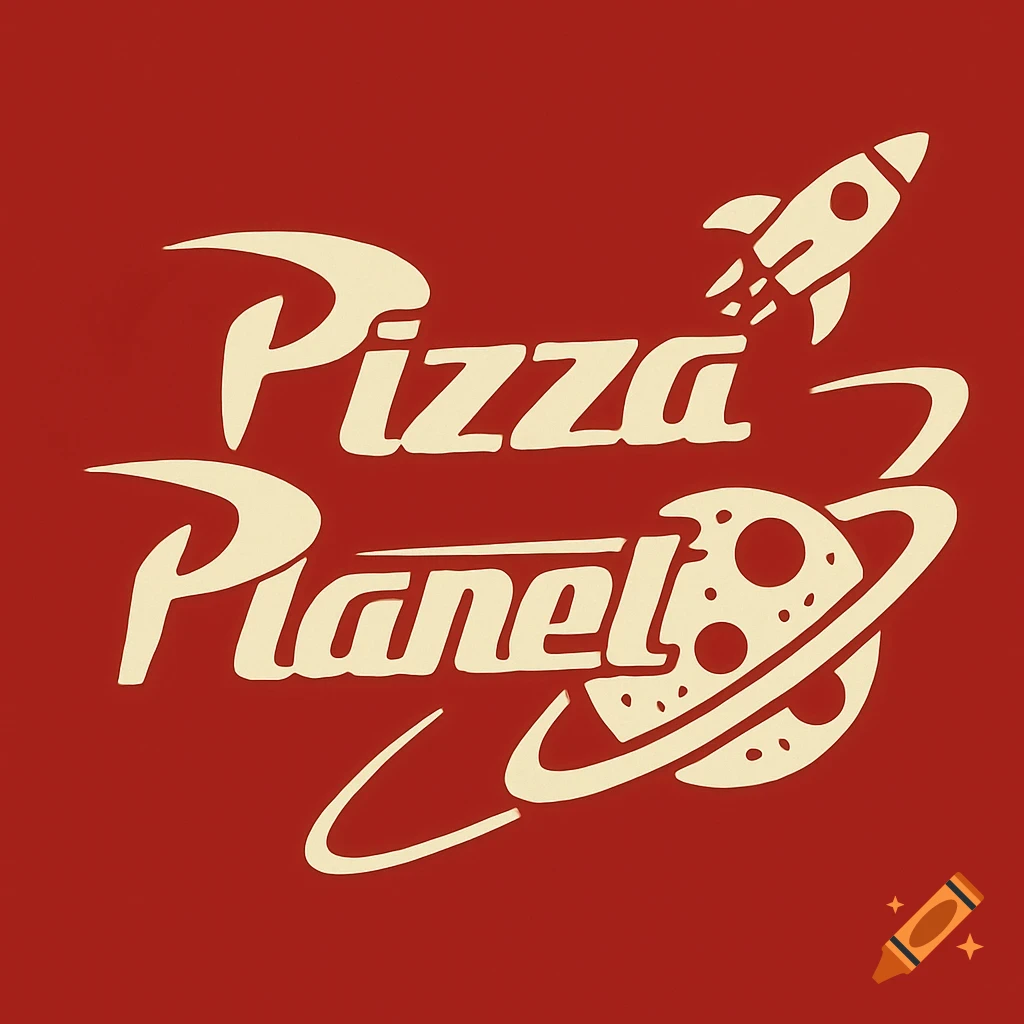 Pizza Planet logo with a rocket and pizza planet on a red background.