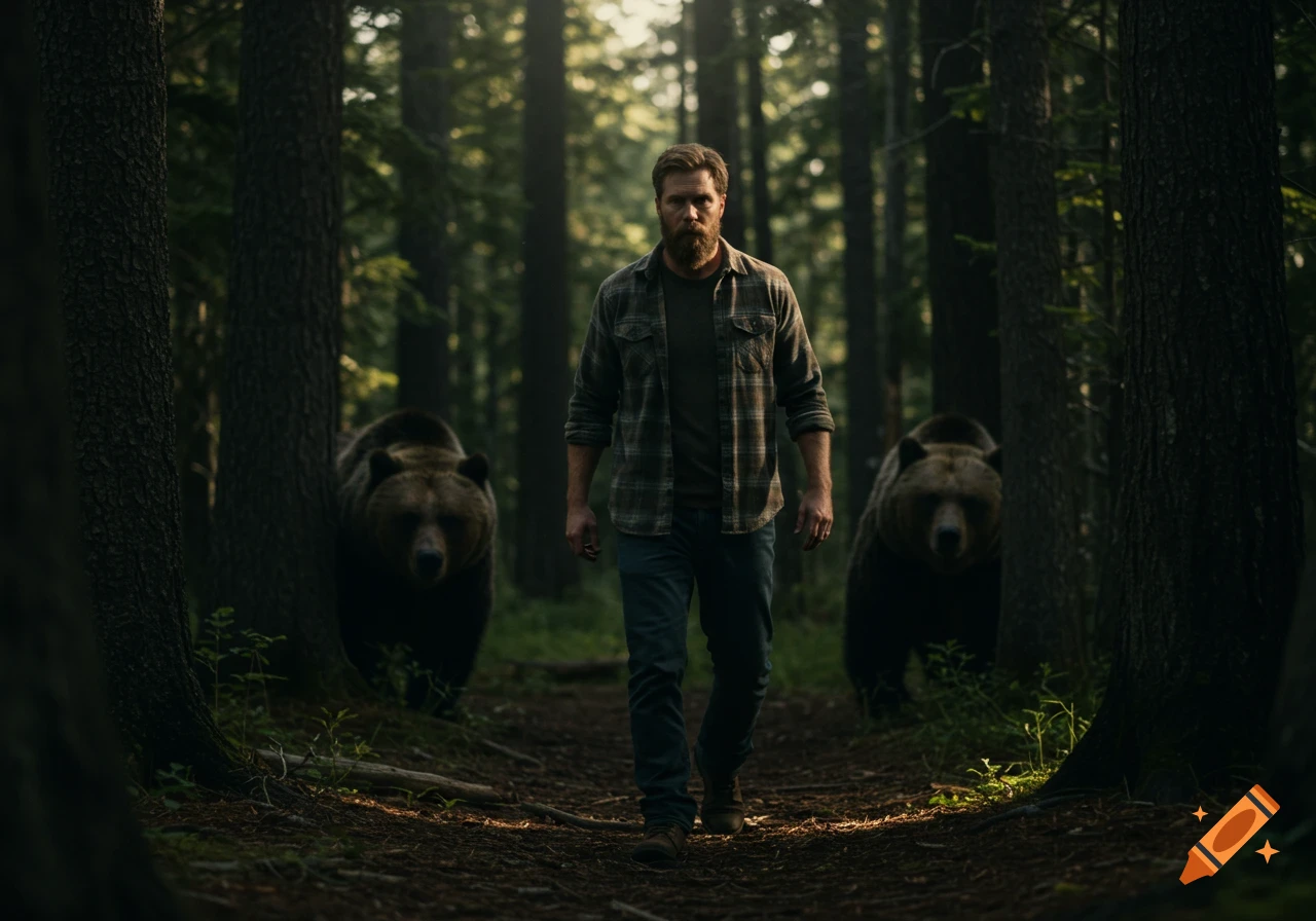 A man walks down a forest path unaware of two grizzly bears lurking behind trees.