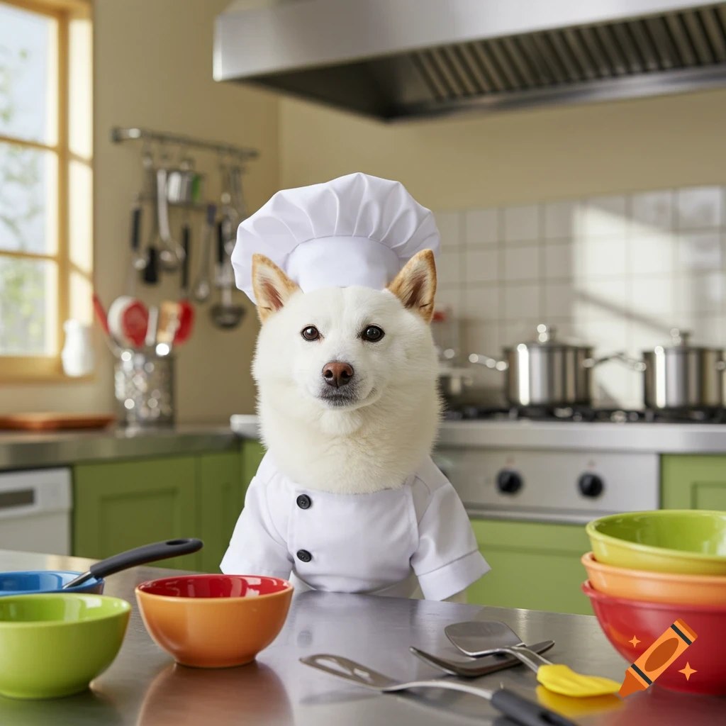 A white Shiba Inu dog wears a chef's hat and jacket, standing behind a kitchen counter with colorful bowls in the foreground.