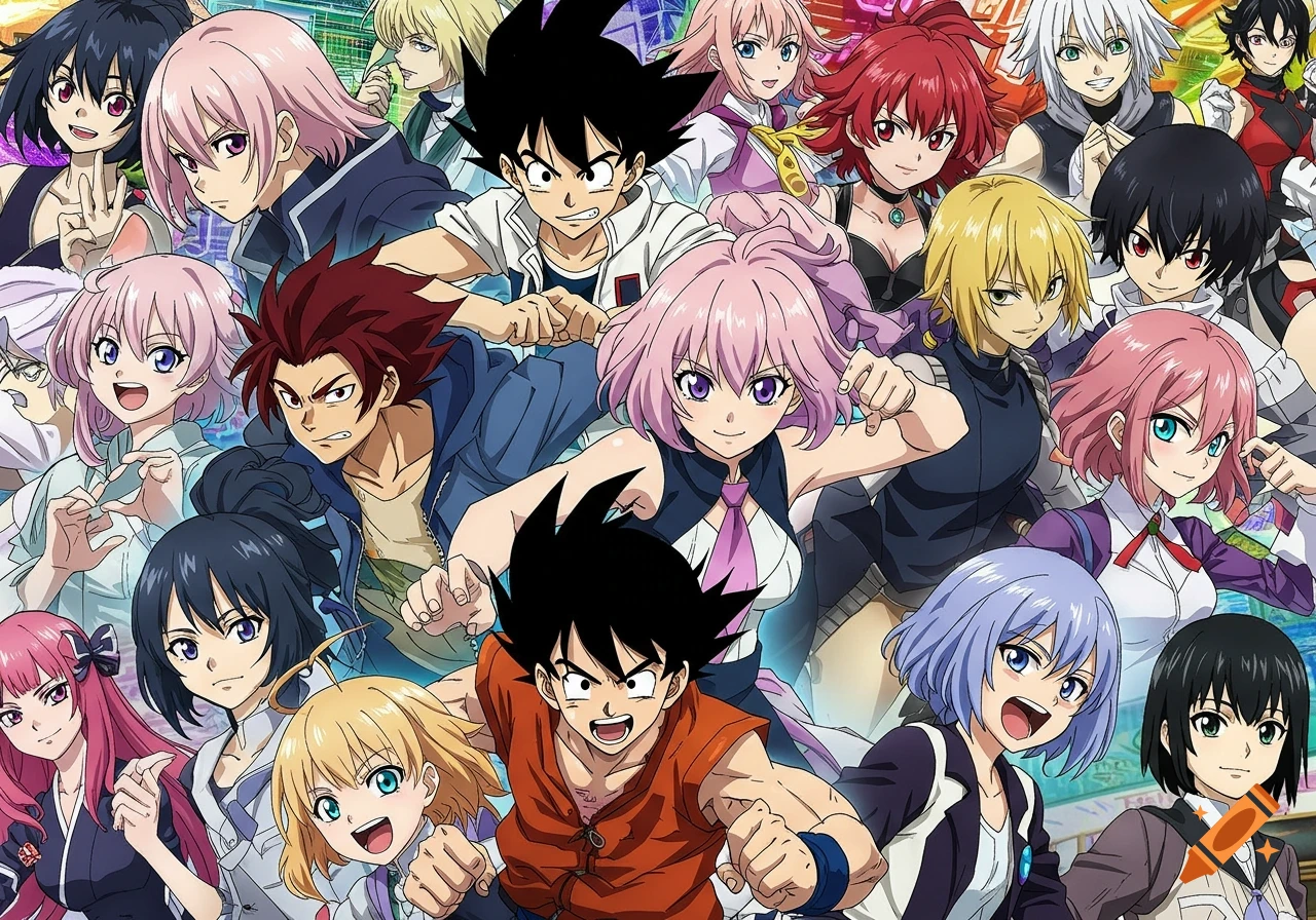 A large group of diverse anime characters with various hair colors and outfits are shown in dynamic poses.