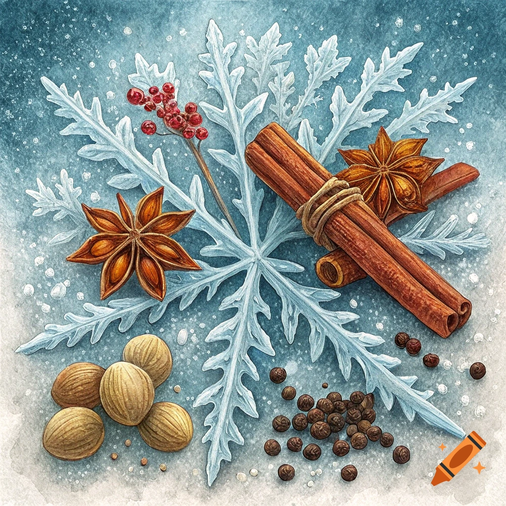 Winter spices including cinnamon, star anise, nuts, and peppercorns arranged around a snowflake illustration.