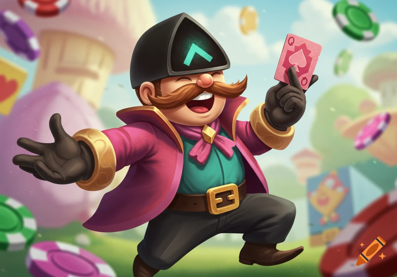 A cartoon character in a pink coat holds up a Queen of Spades playing card, with poker chips floating around him.