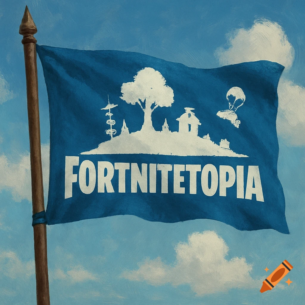 Painting of a blue flag with a white landscape silhouette featuring text 'FORTNITETOPIA', buildings, tree, and a parachutist.