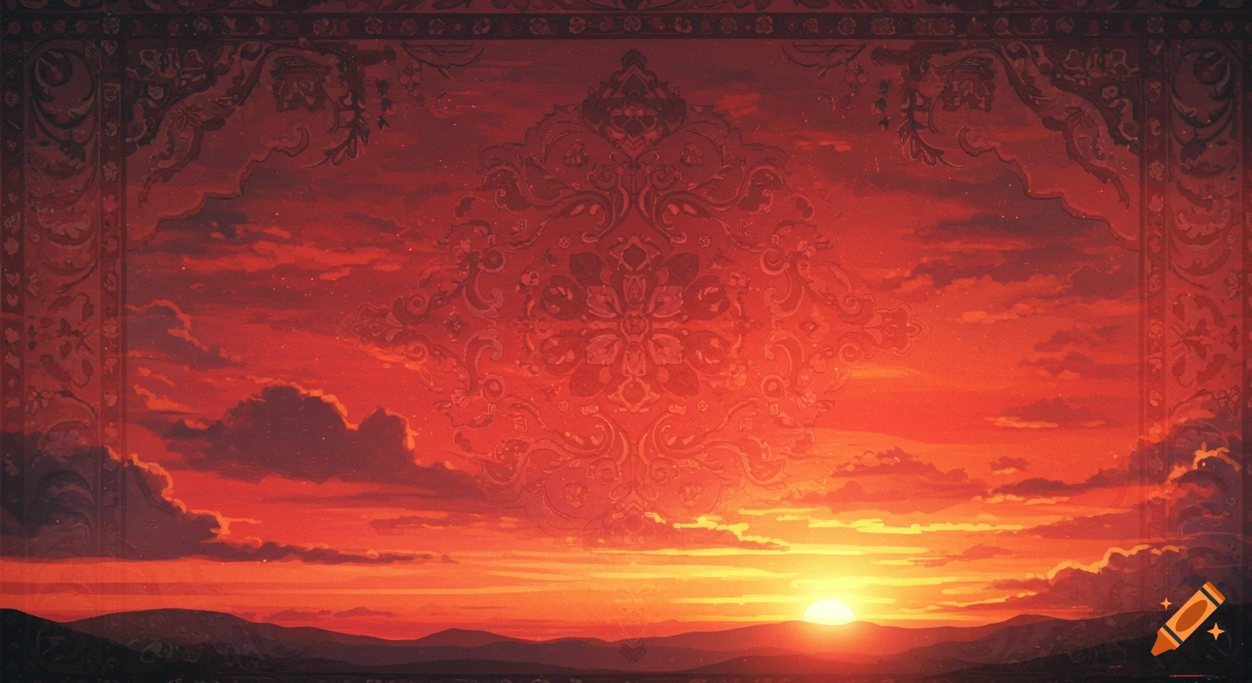 Red sunset landscape with overlaid oriental pattern graphic art.