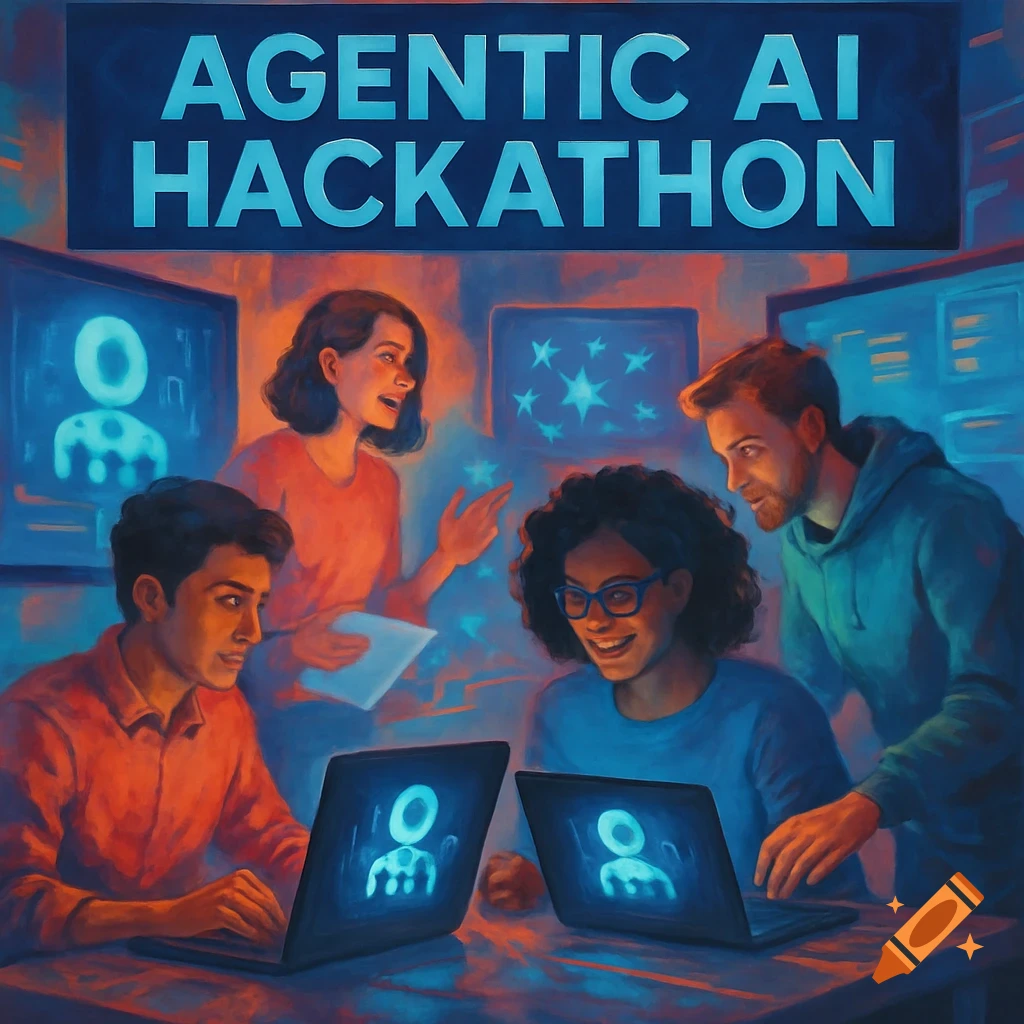 Painterly illustration of a group of people working on laptops with a banner reading 'Agentic AI Hackathon'.