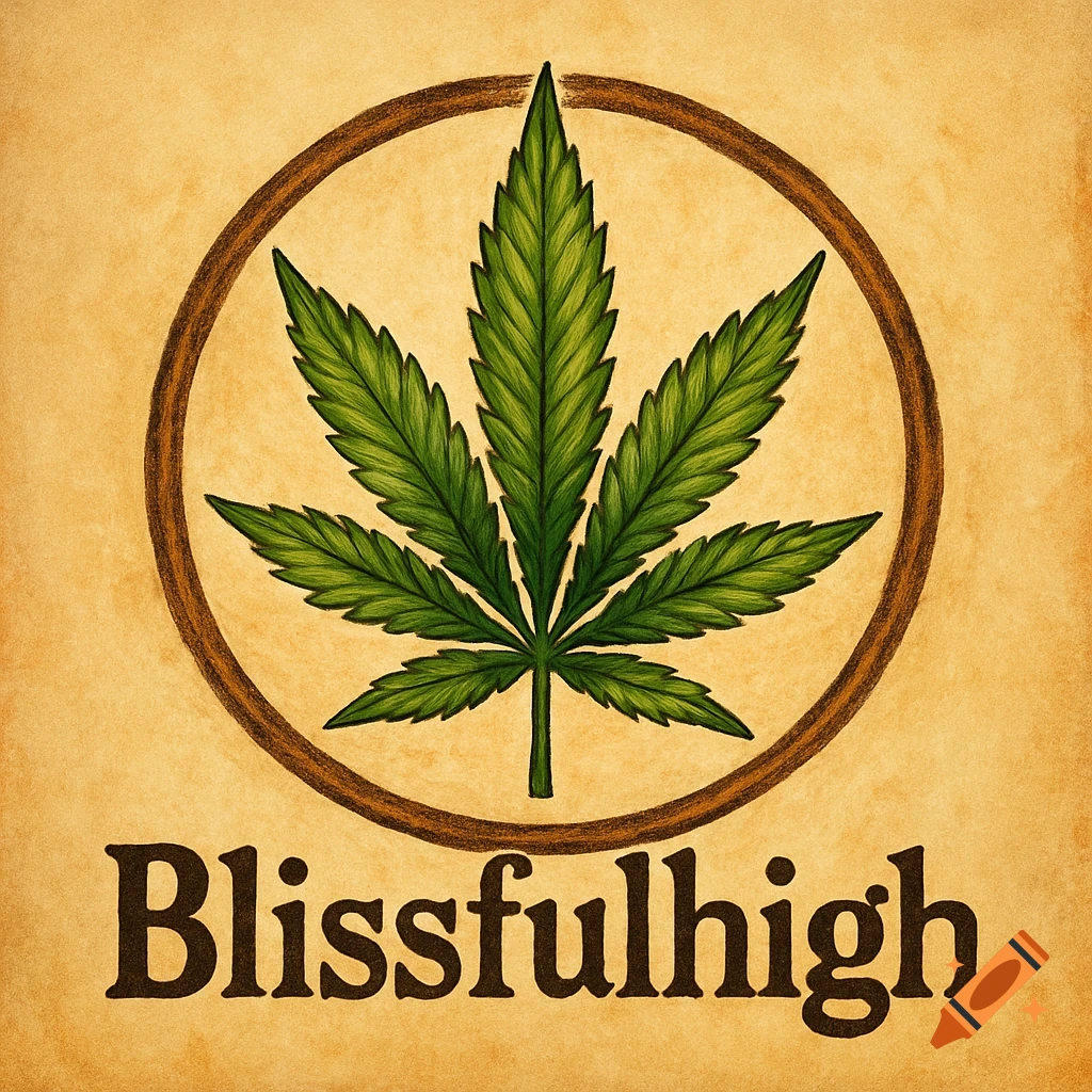A green cannabis leaf inside a brown circle above the word "Blissfulhigh" on a textured paper background.