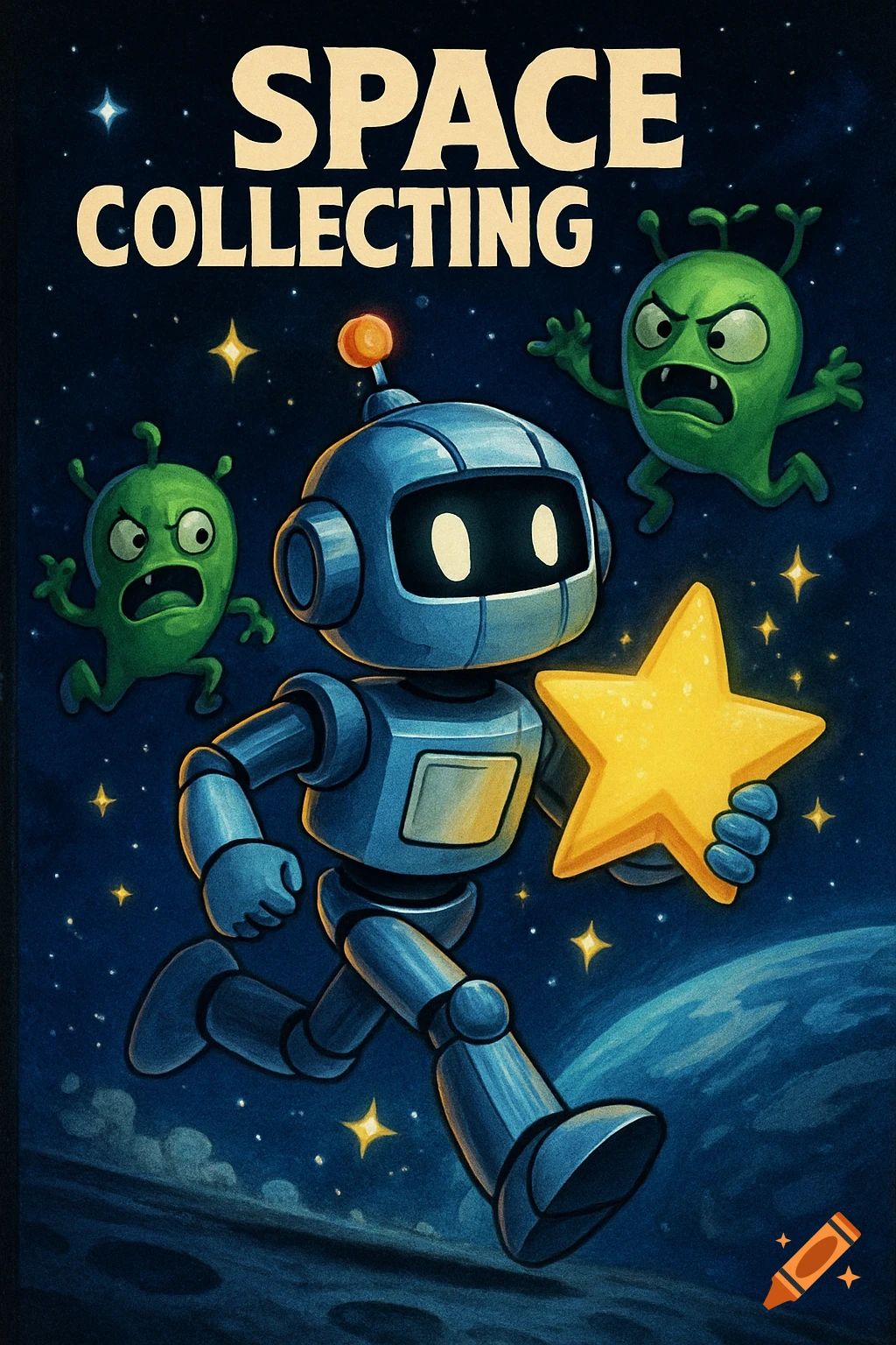 Cartoon style robot collecting a star in space, chased by green aliens. Styled as a video game cover.